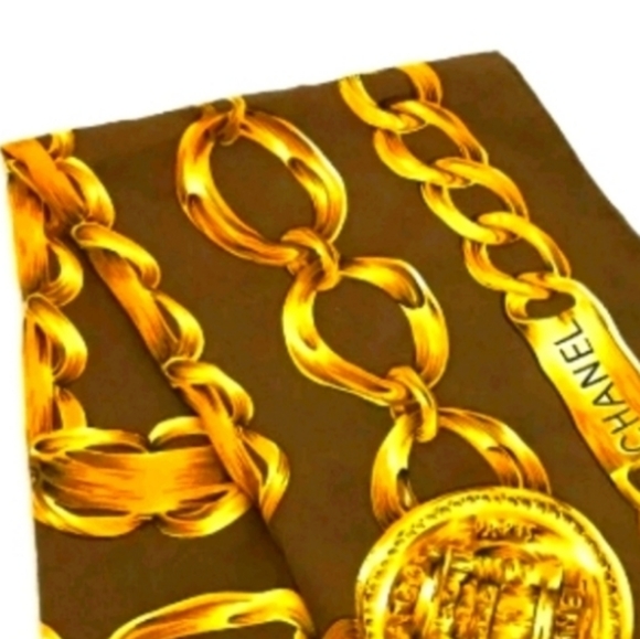 AUTHENTIC  CHANEL CC LOGO CHAIN SILK SCARF /A1092 - Picture 9 of 11